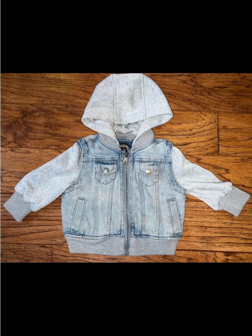 Urban Republic Light Wash Denim Jacket with Gray Hoodie Sleeves